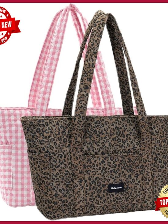 Handbags - Quilted Tote Bags Set, Lightweight Nylon, Multi-Pocket Design, 16.5x12x5